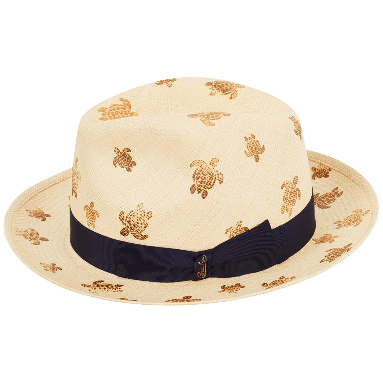 Beige straw hat featuring a turtle pattern, navy blue ribbon band, and Vilebrequin X Borsalino branding, designed for men in size L.