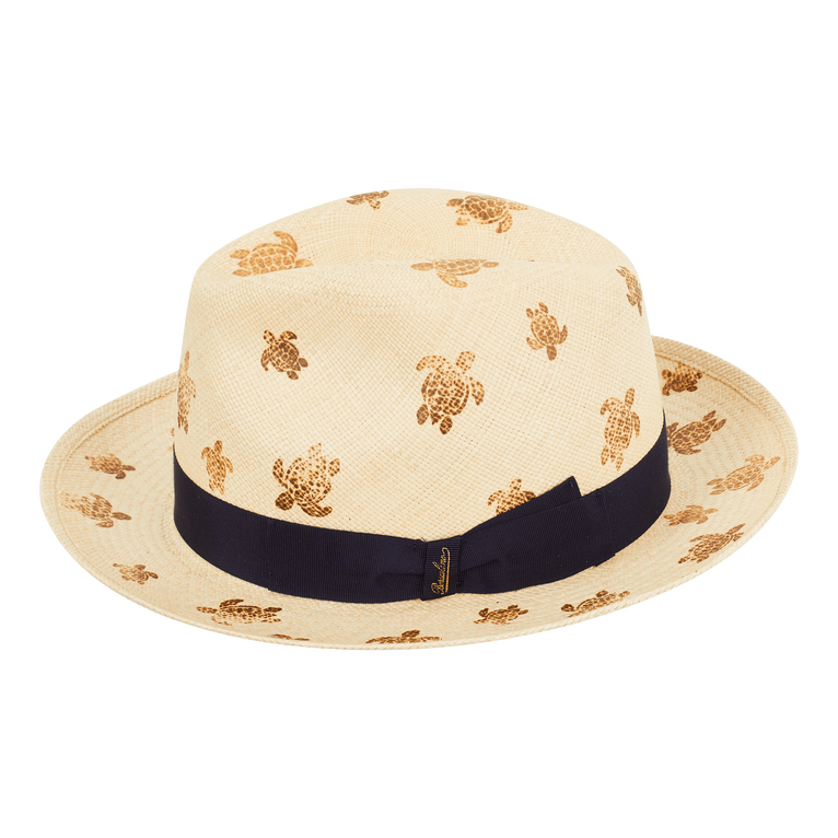 Beige straw hat featuring a patterned design of brown turtles, complemented by a dark navy ribbon band, from the Vilebrequin X Borsalino collaboration, size M.