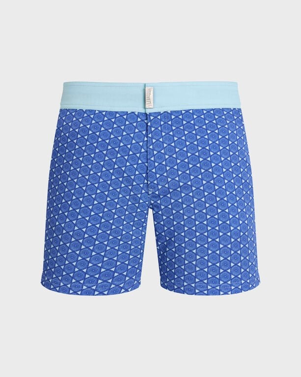 Blue swim shorts with a graphic urchin pattern, featuring a flat light blue waistband and made from stretch material, size L by Vilebrequin.