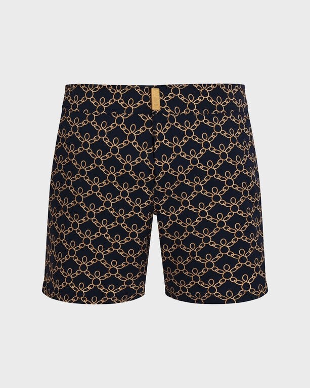 Blue swim shorts featuring a turtle chain pattern in gold, made from stretch material with a flat belt design, available in size XXXL.