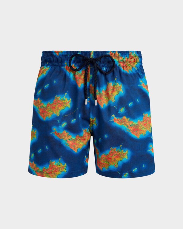 Blue stretch swim shorts featuring a vibrant oceanic print with colorful topographical patterns, elastic waistband, and drawstring closure, available in size XXXL.