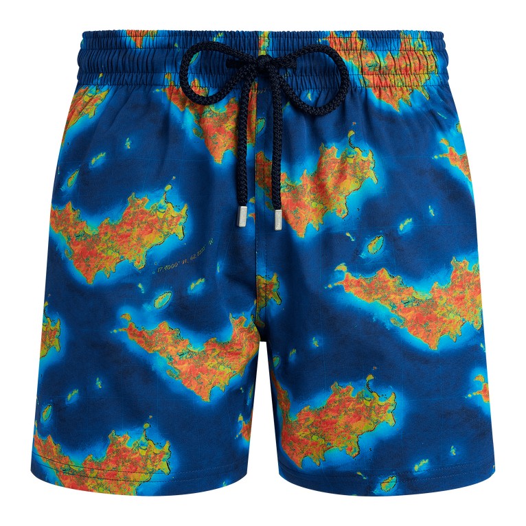 Blue stretch swim shorts featuring a vibrant oceanic map design with orange and green accents, elastic waistband with a drawstring, and made from quick-drying material, size XL.