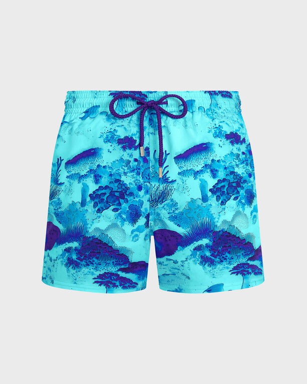 Men's stretch swim shorts in a vibrant blue with a coral reef pattern, featuring an elastic waistband and drawstring, made from lightweight material, size 4XL.