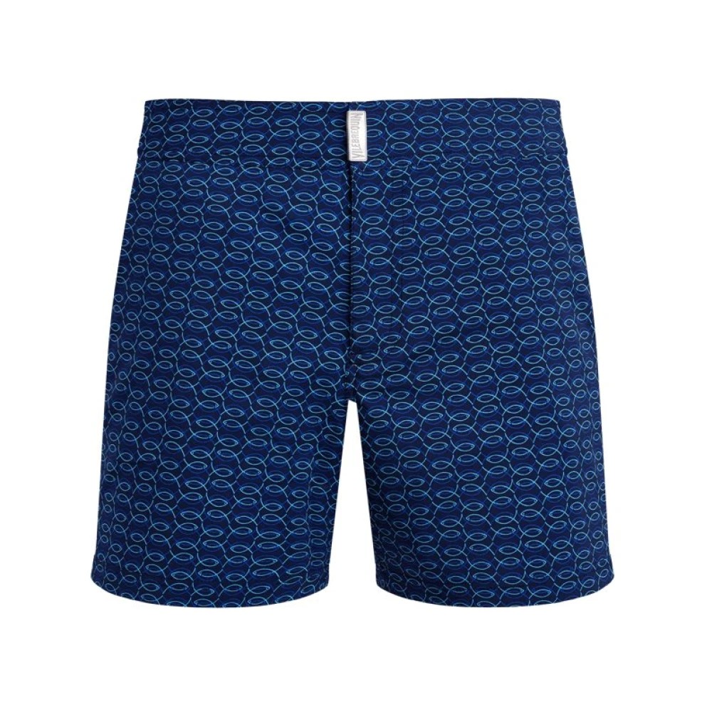 Blue stretch swim shorts featuring a flat belt and fish net pattern, made from lightweight material, available in size XL.