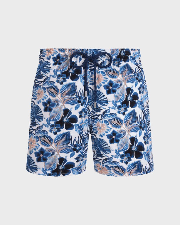 White swim shorts featuring a vibrant blue floral pattern, made from stretch material, with an elastic waistband and drawstring, designed for men in size XXL.