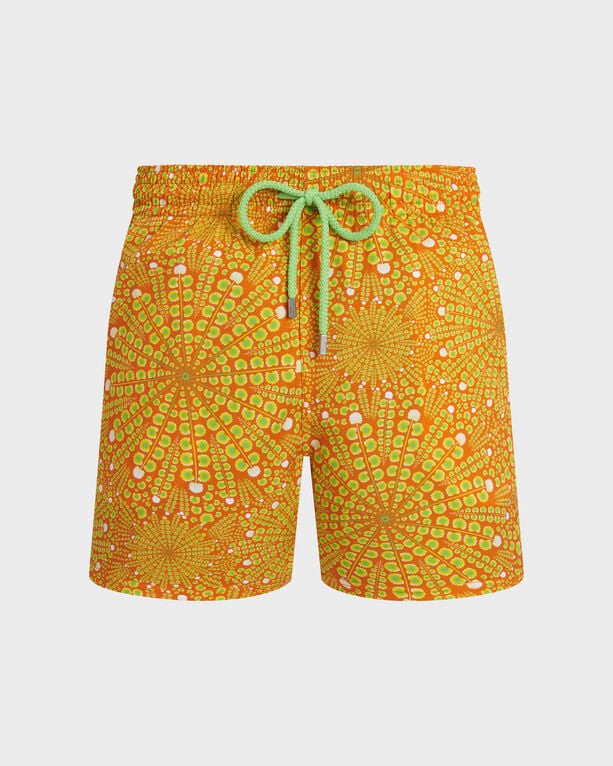 Orange stretch swim shorts with a vibrant mosaic urchin pattern, featuring a green drawstring and elastic waistband, designed for men in size 6XL.