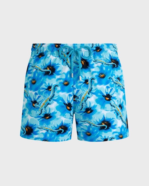Blue stretch swim shorts featuring a vibrant poppy and gecko print, with an elastic waistband and drawstring, designed for comfort and style, size 4XL.