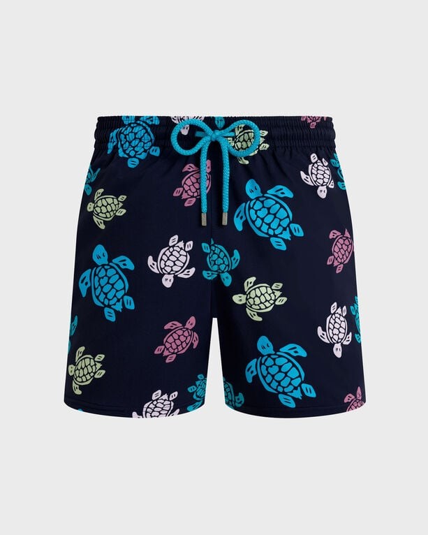 Blue stretch swim shorts featuring a multicolored turtle print, elastic waistband with drawstring, and lightweight material, designed for men in size XXXL.