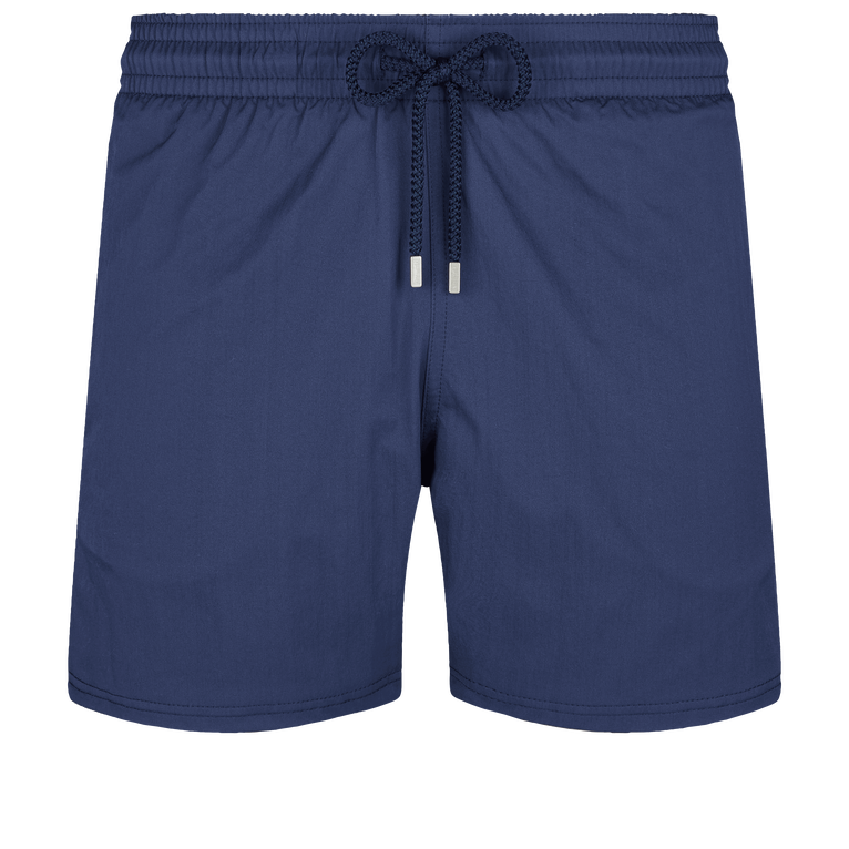 Men's solid blue stretch swim shorts by Vilebrequin, featuring an elastic waistband with a drawstring and a lightweight, quick-drying material, size M.