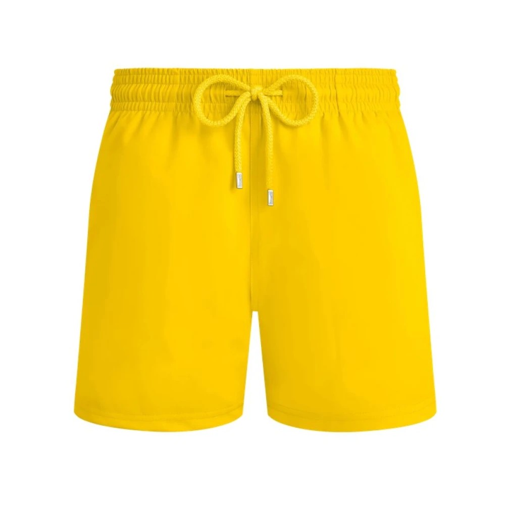 Bright yellow swim shorts for men by Vilebrequin, featuring an elastic waistband with a drawstring and a solid color design, made for beachwear in size XL.