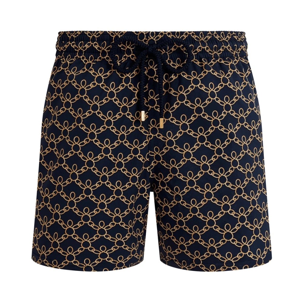Blue stretch swim shorts featuring a turtle chain pattern in beige, with an elastic waistband and drawstring, designed for men in size S by Vilebrequin.