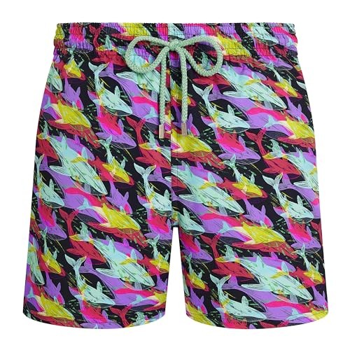 Blue swim shorts featuring a vibrant whale pattern in pink, yellow, and green, with an elastic waistband and drawstring, made from stretchy material, size L.