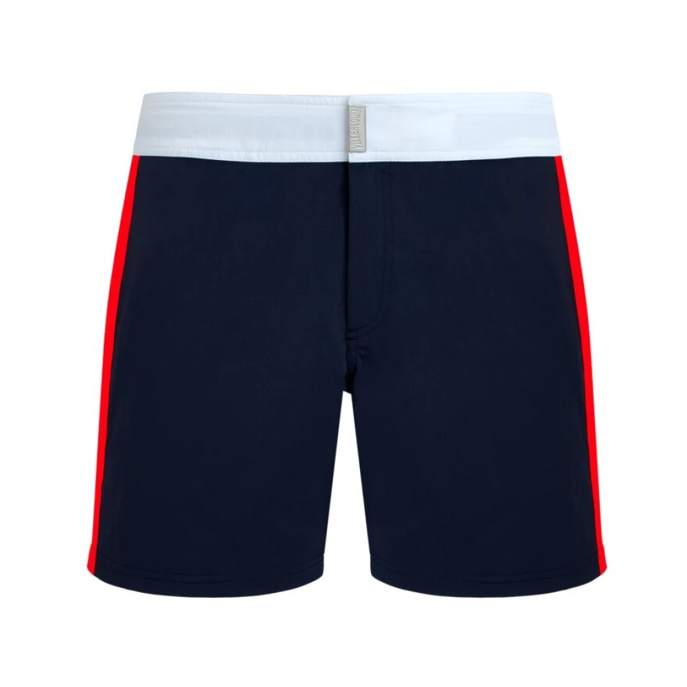 Men's Vilebrequin stretch swim shorts in blue with a flat white belt and red side panels, featuring a comfortable fit and made from quick-drying material, size XXXL.