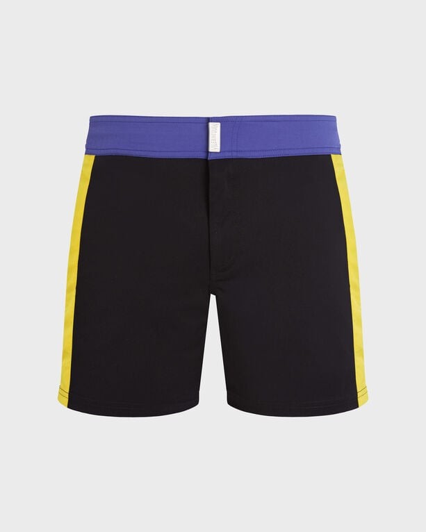 Men's stretch swim shorts featuring a flat belt, color block design with black, yellow side stripes, and a purple waistband, made from lightweight swimwear material, size XL.