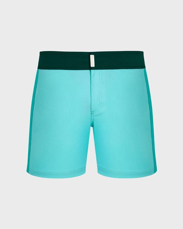 Men's stretch swim shorts in a vibrant turquoise color with a flat black waistband and color block design, made from quick-drying material, size XL.