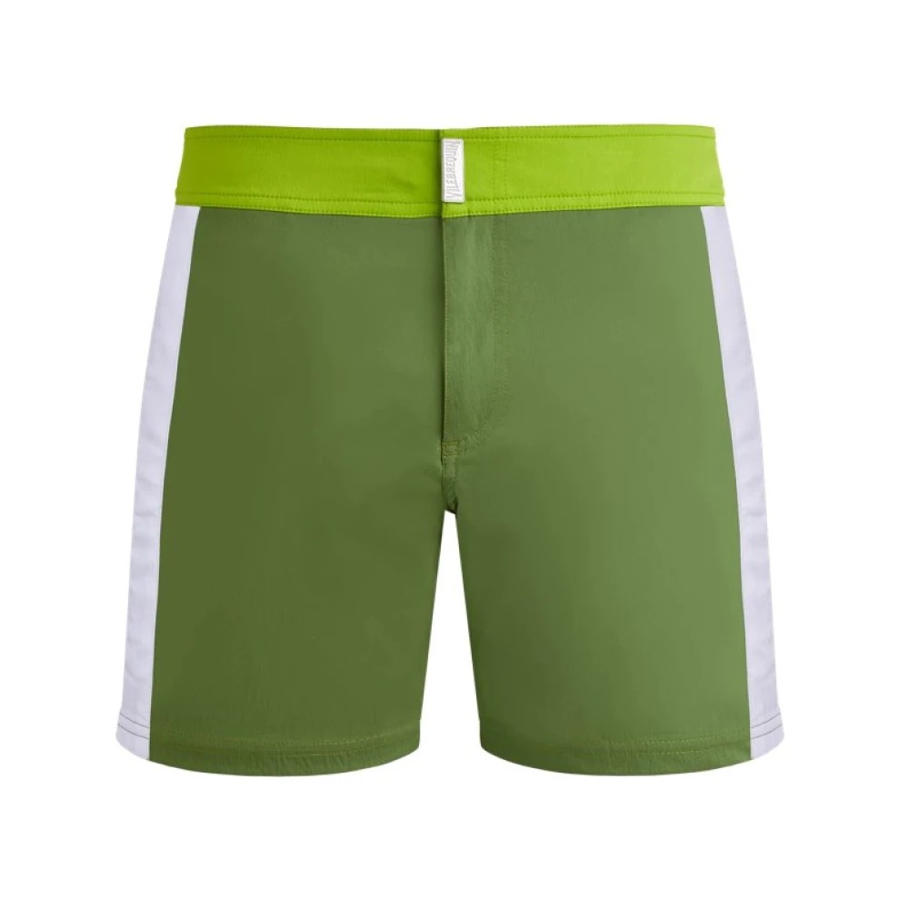 Men's stretch swim shorts in green with a flat belt and color block design, featuring white side panels, made from lightweight material, size L.