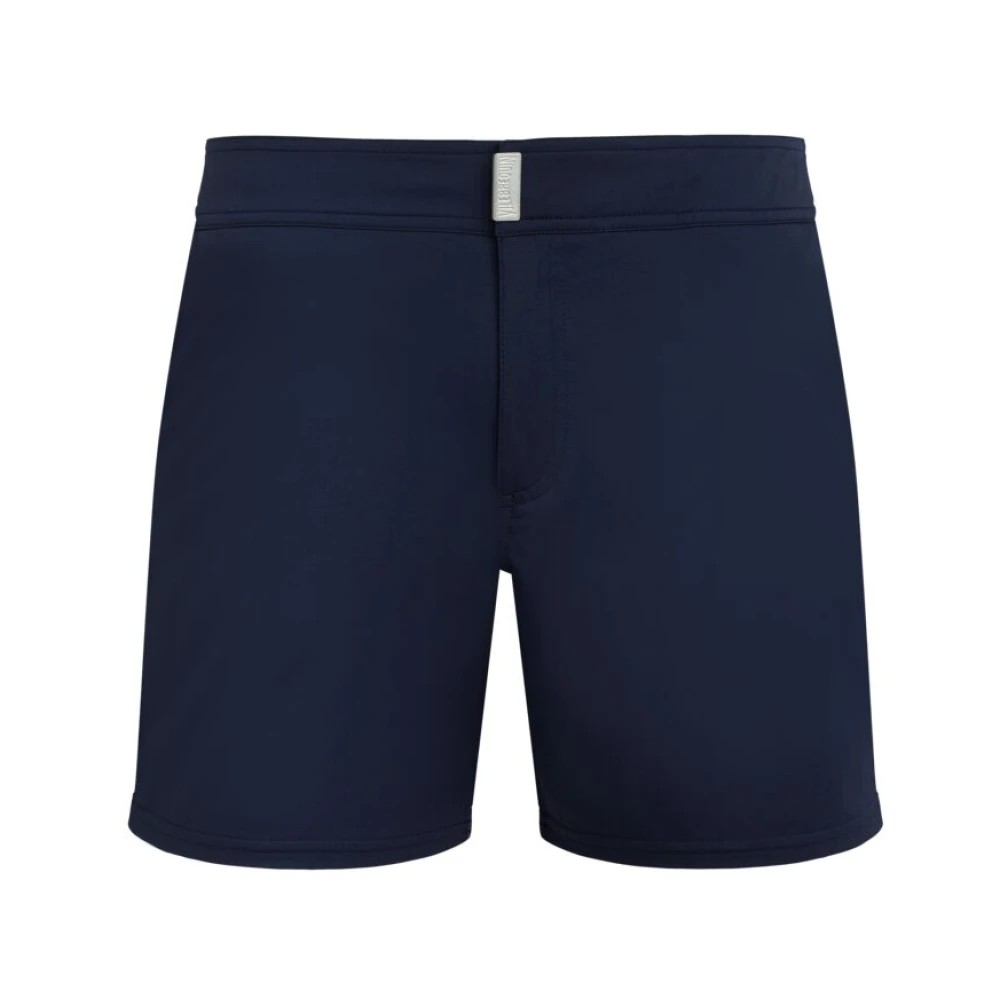 Men's Vilebrequin solid blue stretch swim shorts with a flat belt, featuring a sleek design and made from lightweight material, available in size XL.