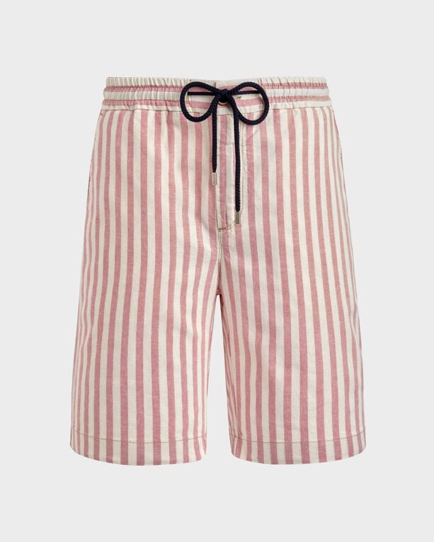 Men's striped Bermuda shorts in pink and cream cotton-linen blend, featuring an elastic waistband with a drawstring and side pockets. Size 40.