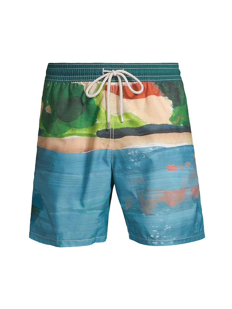 Blue swim shorts featuring a colorful landscape print, elastic waistband with drawstring, and lightweight material, designed by Vilebrequin in collaboration with Highsnobiety, size M.