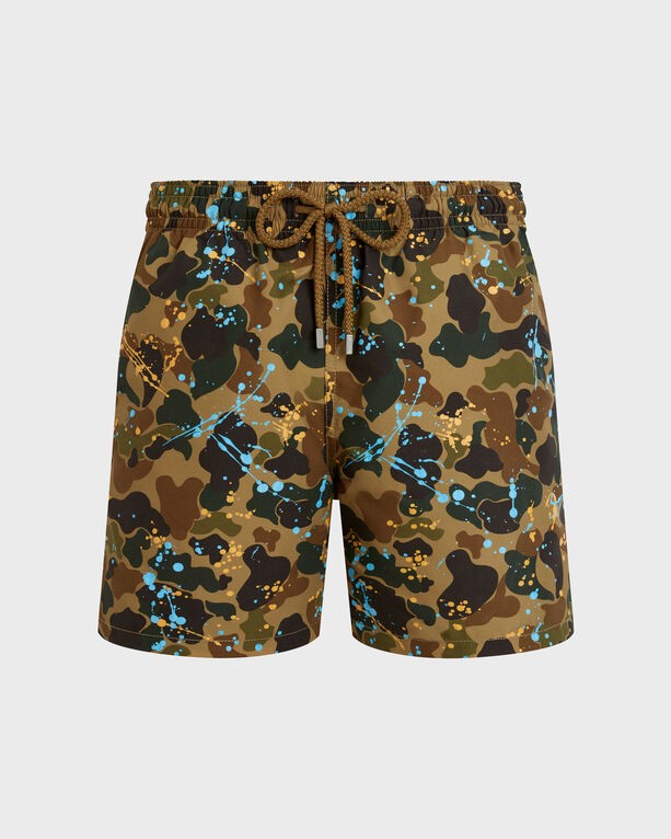 Brown camo swim shorts featuring blue and orange splashes, elastic waistband with drawstring, and a relaxed fit, designed by Vilebrequin in collaboration with Palm Angels.