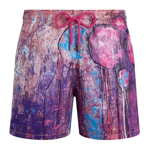 Purple swim shorts featuring a vibrant balloon print, with a drawstring waistband and a lightweight, quick-drying material, designed for comfort and style in size XL.