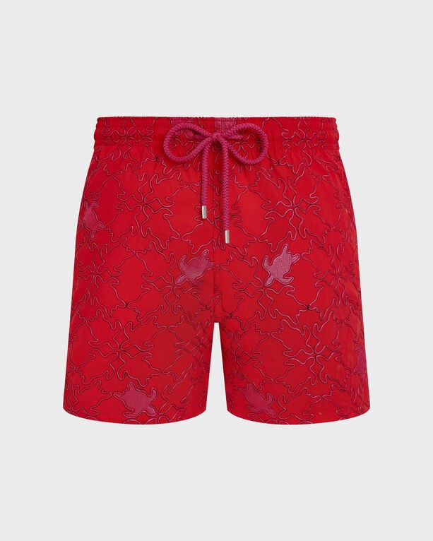 Red swim shorts featuring an embroidered turtle design, crafted from lightweight material, with an adjustable drawstring waist, in a limited edition size XXXL.