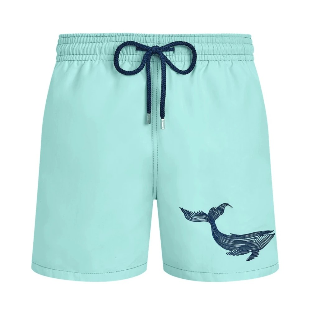 Light blue swim shorts featuring an embroidered whale design on the left side, with an elastic waistband and a navy drawstring, made from quick-drying material, size L.