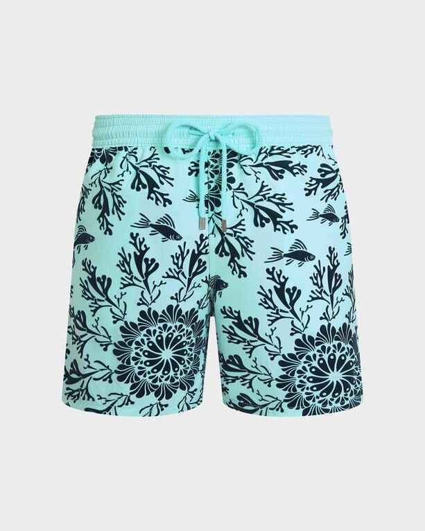 Light blue swim shorts featuring a dark navy coral mandala pattern, elastic waistband with a drawstring, and made from soft, quick-drying material, size XL.