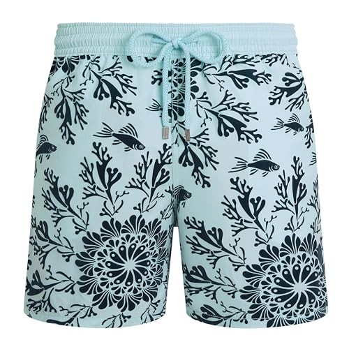 Light blue swim shorts featuring a coral mandala pattern in dark blue, with an elastic waistband and drawstring, designed for men in size XXL by Vilebrequin.