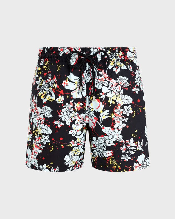 Black swim shorts featuring a vibrant floral print in white, red, and yellow, with an elastic waistband and drawstring, made from lightweight material, size XXL.