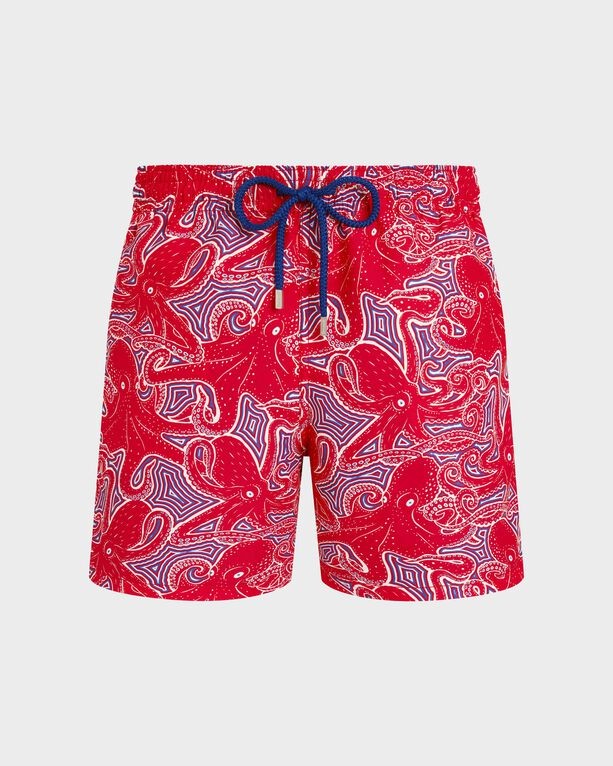 Red swim shorts featuring a vibrant Hypnoctopus print, with a drawstring waistband and a lightweight material, designed for men in size XXXL.