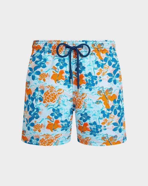 Multicolor Vilebrequin Moorea swim shorts in XL, featuring a vibrant floral and tropical print in blue, orange, and green, with an elastic waistband and drawstring.