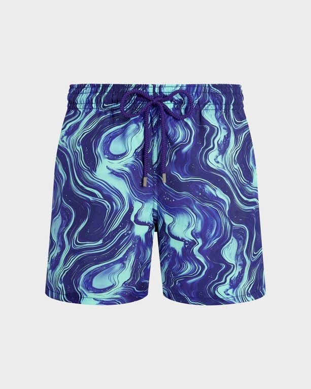 Blue and green marbled swim shorts featuring a drawstring waist, made from lightweight material, designed for beachwear, size XL by Vilebrequin.