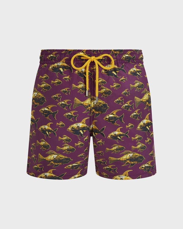 Purple swim shorts featuring a vibrant fish print in yellow, with an elastic waistband and drawstring, made from lightweight material, size XXXL.