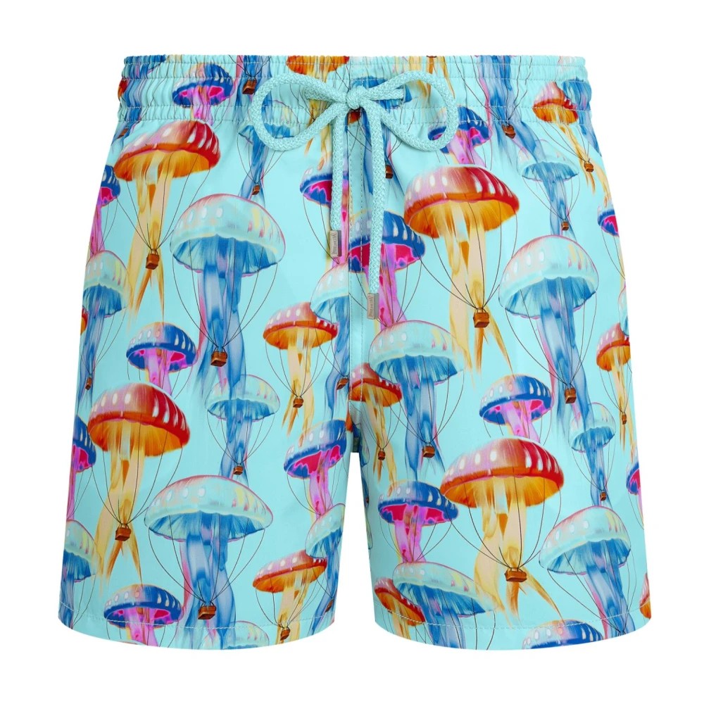 Blue swim shorts featuring a vibrant jellyfish print in various colors, with an elastic waistband and drawstring, made from lightweight material, size XL.