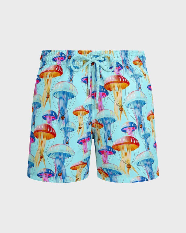 Blue swim shorts featuring a vibrant jellyfish print in various colors, with an elastic waistband and drawstring, made from lightweight material, size XXXL.