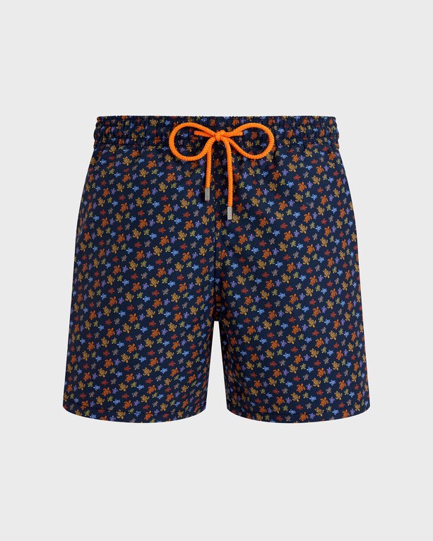 Men's swim shorts in navy blue featuring a vibrant turtle print in orange and yellow, with an elastic waistband and an adjustable drawstring, size 4XL.