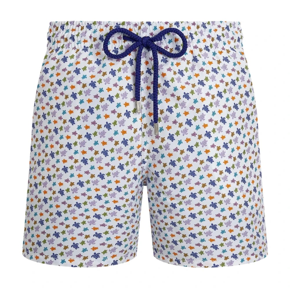 Multicolor Vilebrequin Moorea swim shorts in XL, featuring a white base with a vibrant floral pattern, elastic waistband, and a navy drawstring.