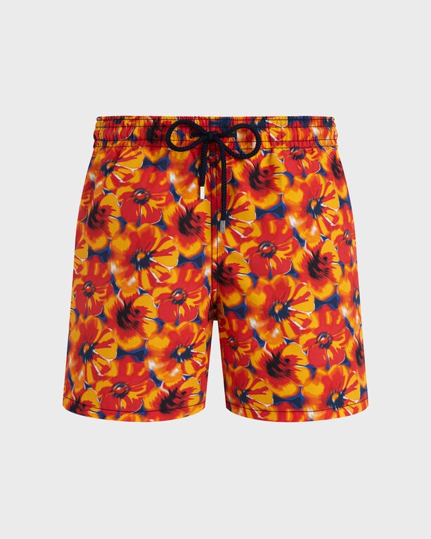 Blue swim shorts featuring a vibrant red and orange poppy floral pattern, crafted from lightweight material with an elastic waistband and drawstring, available in size XXL.