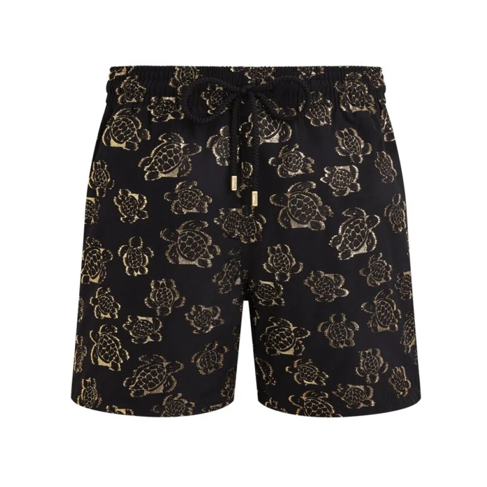 Black swim shorts featuring a jacquard pattern of golden turtles, with an elastic waistband and drawstring, designed for men in size L.