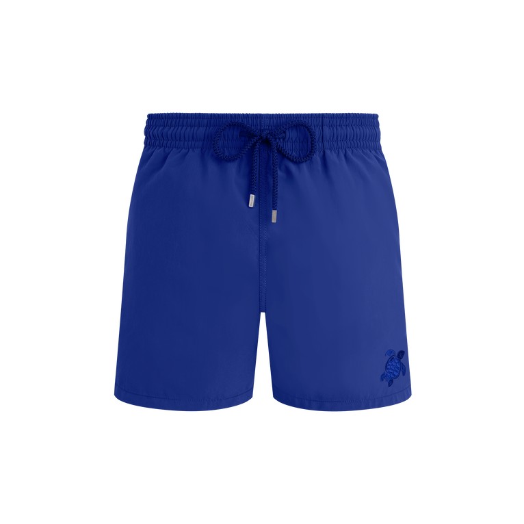 Blue water-reactive swim shorts by Vilebrequin, featuring an elastic waistband with a drawstring and a turtle logo on the lower left side, made from lightweight material, size S.