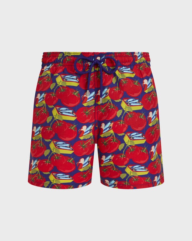 Blue swim shorts featuring a vibrant pattern of red tomatoes and small boats, made from lightweight material, with an elastic waistband and drawstring, in size XL.