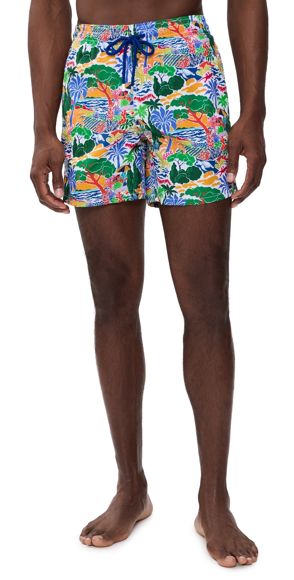 Men's Vilebrequin swim shorts in a vibrant Seaside Life print featuring tropical foliage in green, orange, and blue, with an elastic waistband and drawstring, size M.