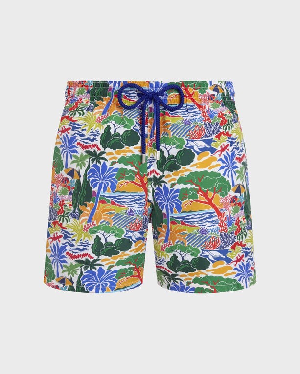 Men's Vilebrequin swim shorts in white featuring a vibrant multicolored seaside life print with palm trees and marine elements, made from lightweight material, size XXXL.