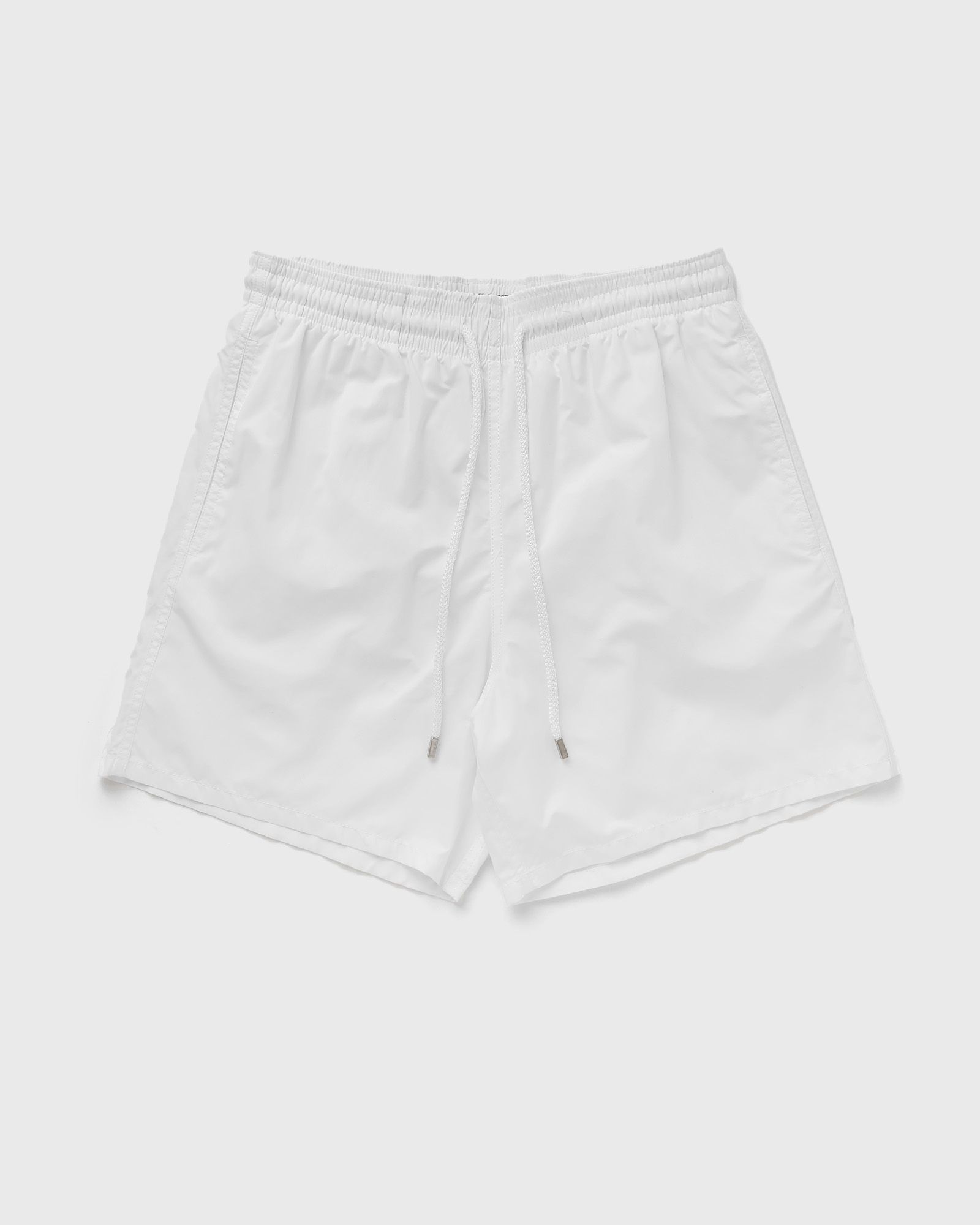 White solid swim shorts by Vilebrequin, made from lightweight material, featuring an elastic waistband with a drawstring and side pockets, size XL.