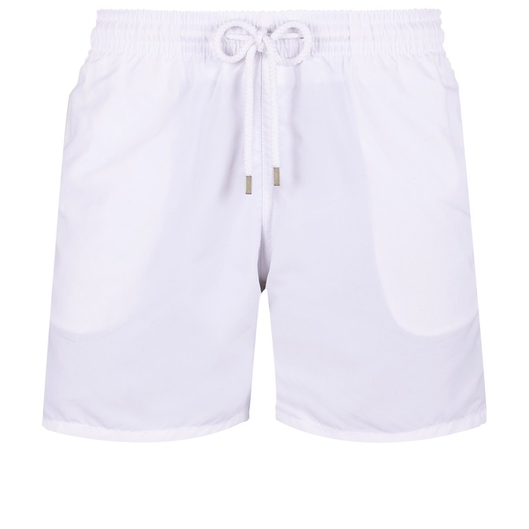 White swim shorts by Vilebrequin, featuring an elastic waistband with a drawstring, made from lightweight material, designed for men in size XS.