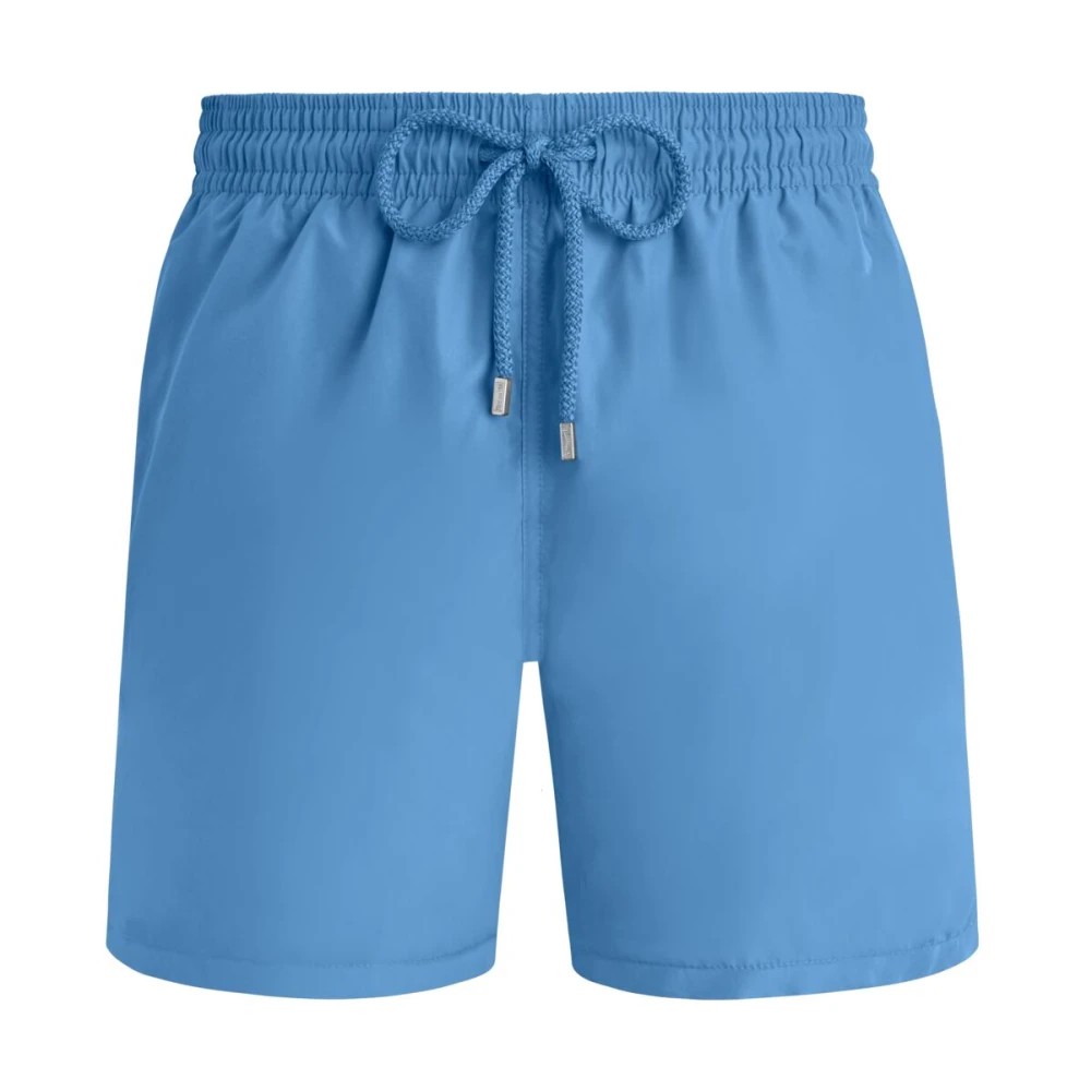 Solid blue swim shorts by Vilebrequin, featuring an elastic waistband with a drawstring, made from lightweight material, designed for men in size XS.