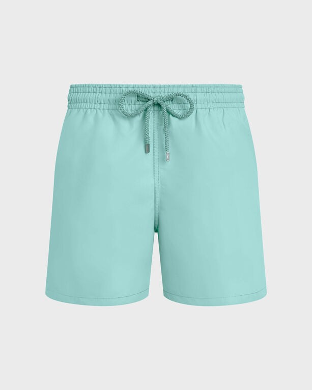 Solid green swim shorts by Vilebrequin in size S, featuring an elastic waistband with a drawstring and a smooth, lightweight material suitable for swimming.