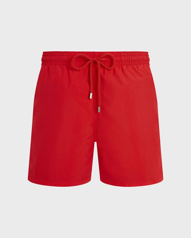Bright red swim shorts by Vilebrequin, featuring a drawstring waistband, solid color design, and made from lightweight material, available in size L.