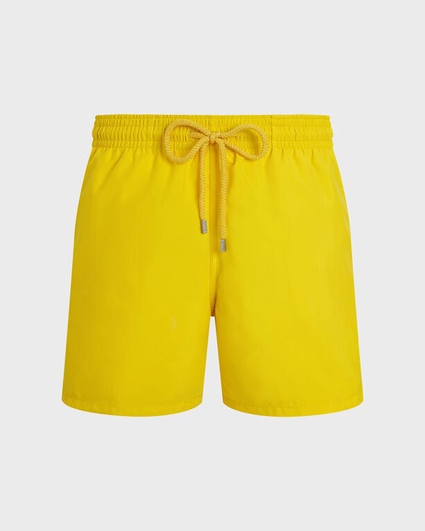 Bright yellow Moorea short swimsuit by Vilebrequin, featuring an elastic waistband with a drawstring and a relaxed fit, ideal for beachwear.